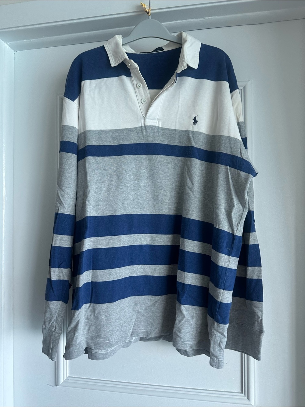 Vintage 1990’s Men’s Ralph Lauren Blue, Gray & White Striped Rugby Shirt
